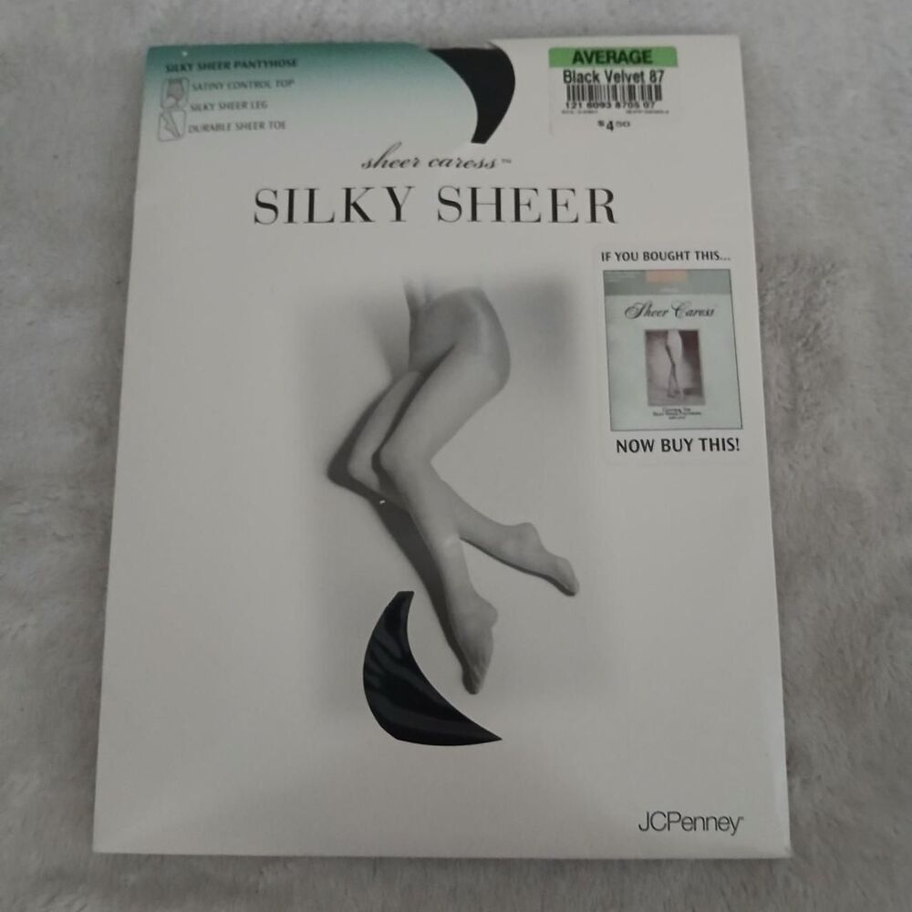 New Old Stock Vintage JCPenney Sheer Caress Silky Sheer Pantyhose Black Average